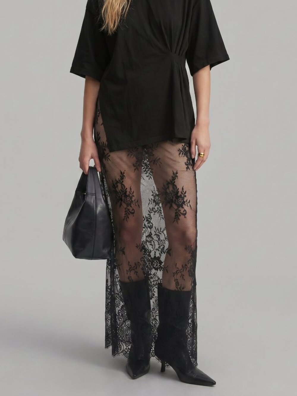 Women Sheer Black Lace Maxi Skirt High Waist Sexy Gothic Mesh Overlay Skirt